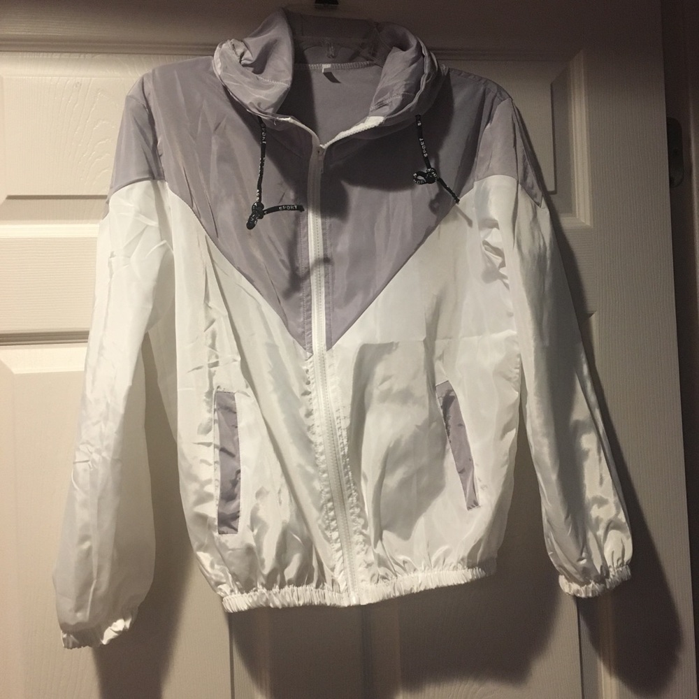 Gray and white windbreaker